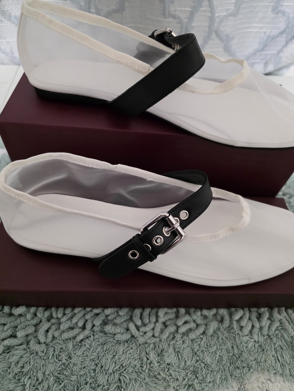 Amazon White Ballet Flats with Black Buckle Strap